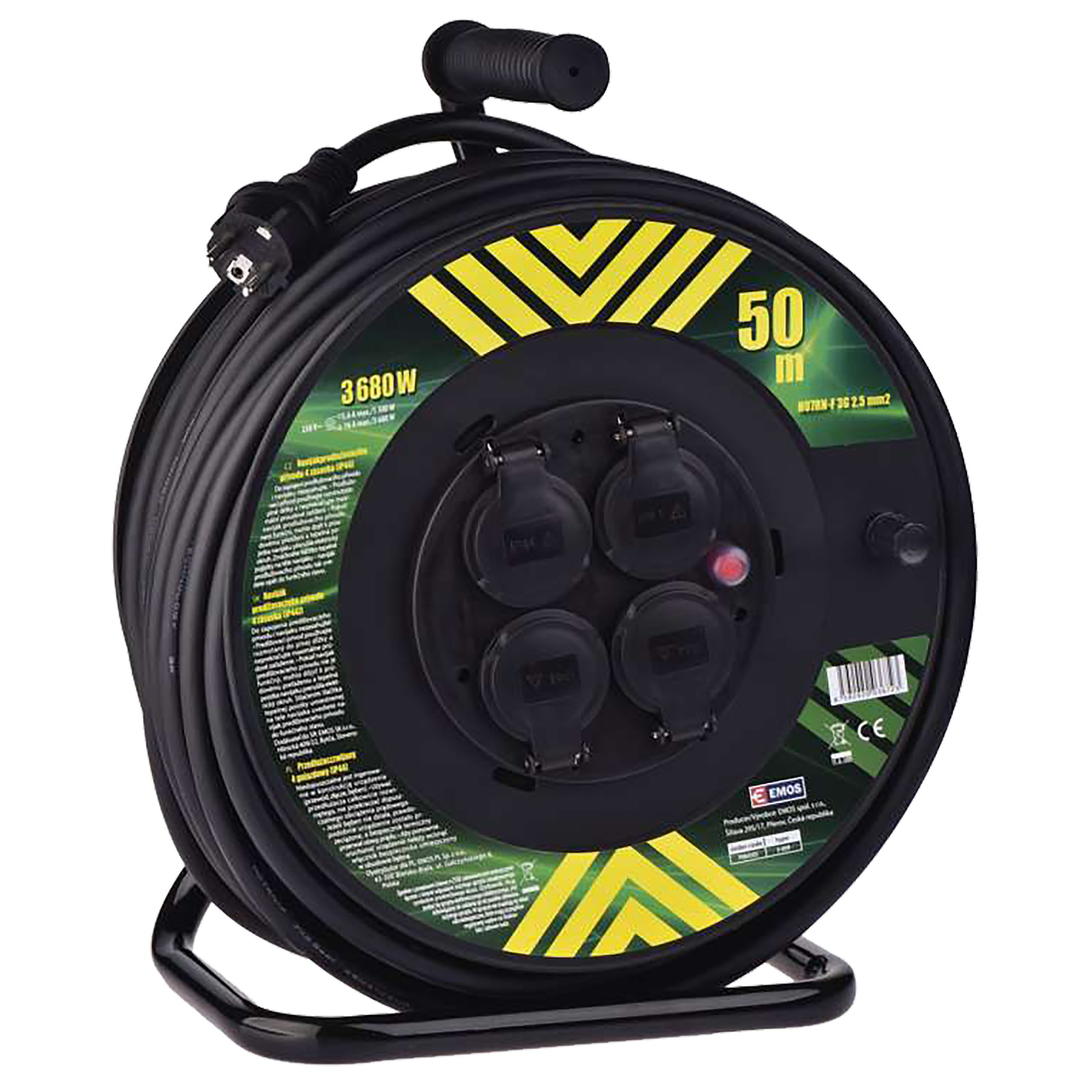 Prodlužovací gumový kabel na bubnu černý 4 zásuvky | 230 V / 50 m, 2,5 mm