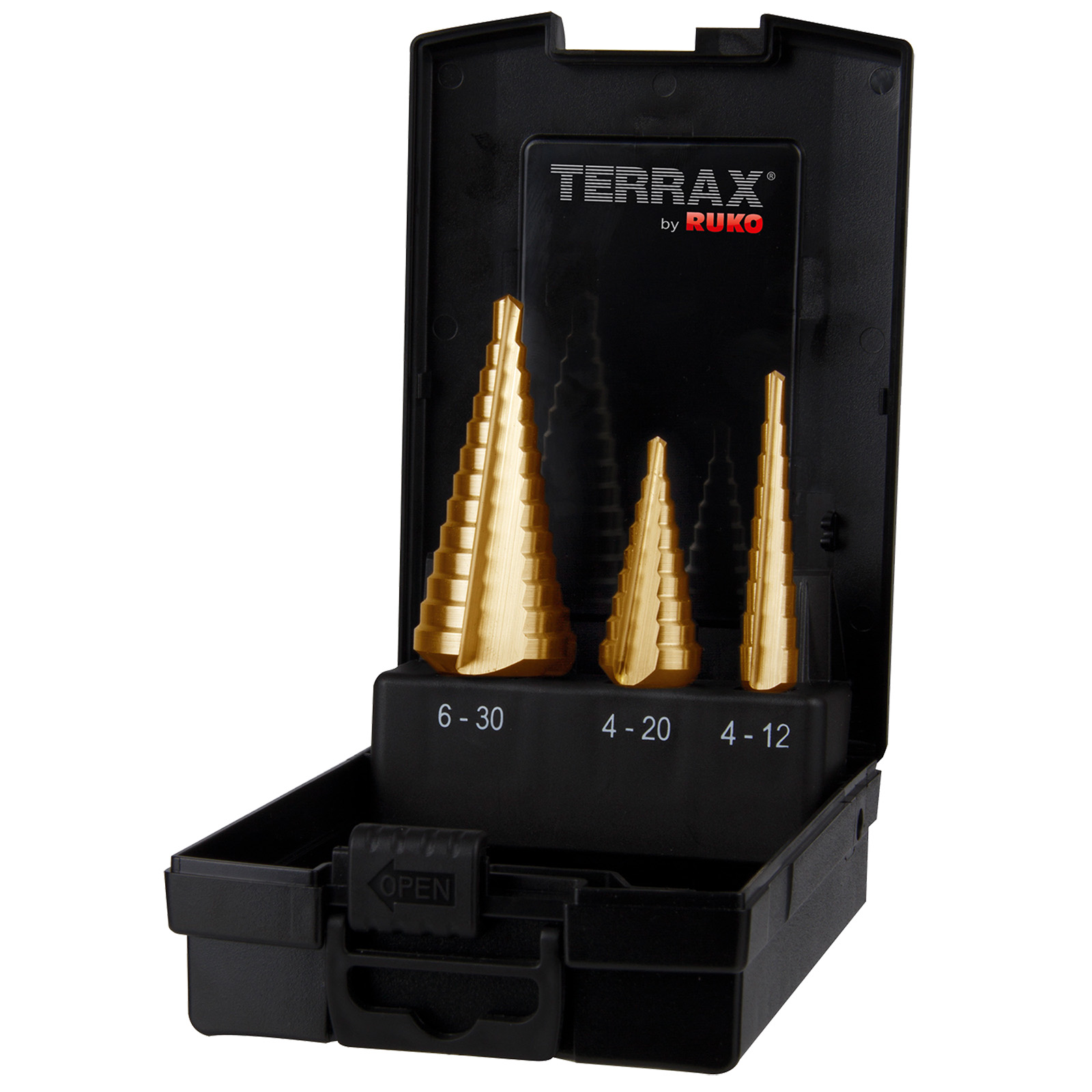 Sada stupňovitých vrtáků do kovu Terrax Tin | 4-12, 4-20, 6-30 mm