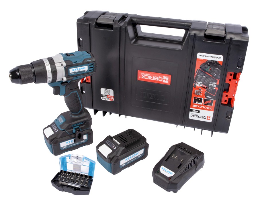 XTLINE Aku vrtačka s příklepem bezuhlíková 18 V, 70 Nm + 2 baterie 5.0 Ah + nabíječka 3.5 A + box