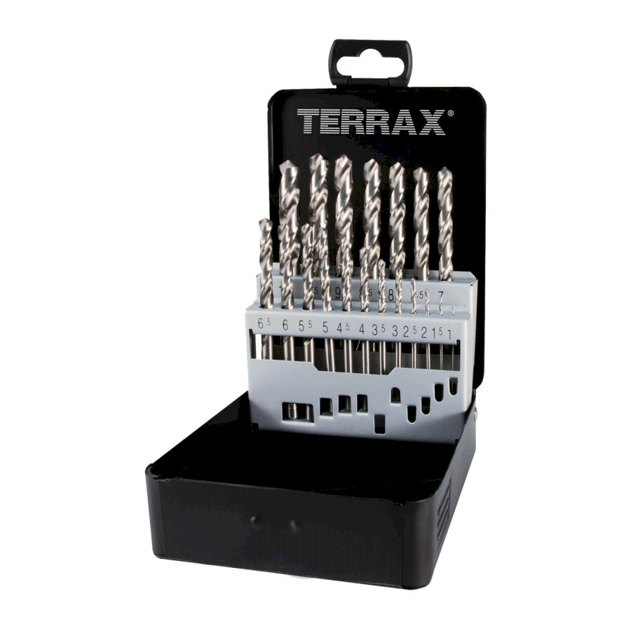 Sada vrtáků do kovu vybrušované Terrax - kovový obal | 1,5-10mm 19 dílů