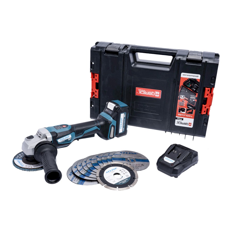 XTLINE Aku úhlová bruska bezuhlíková s regulací 18 V, 125 mm + baterie 5.0 Ah + kotouče + nabíječka 3.5 A + box