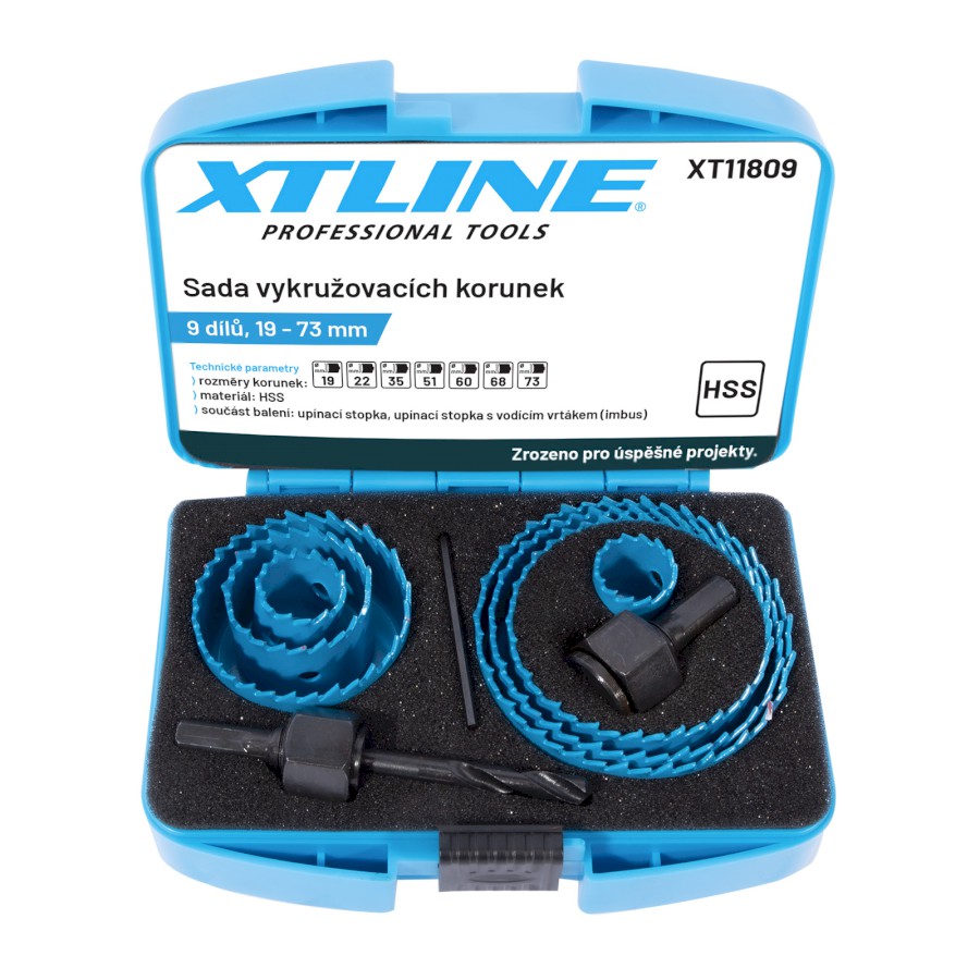 XTLINE Sada vykružovacích korunek 9 dílů | 19-73 mm, plastový box